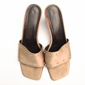 AnnTaylor: Tan Satin Open Toe Heels Bead Accent 5